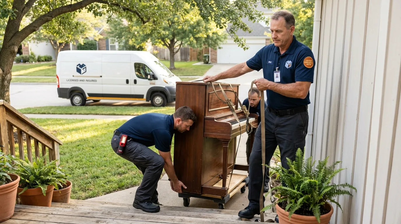 Licensed piano movers securing grand piano in Lovell, ME
