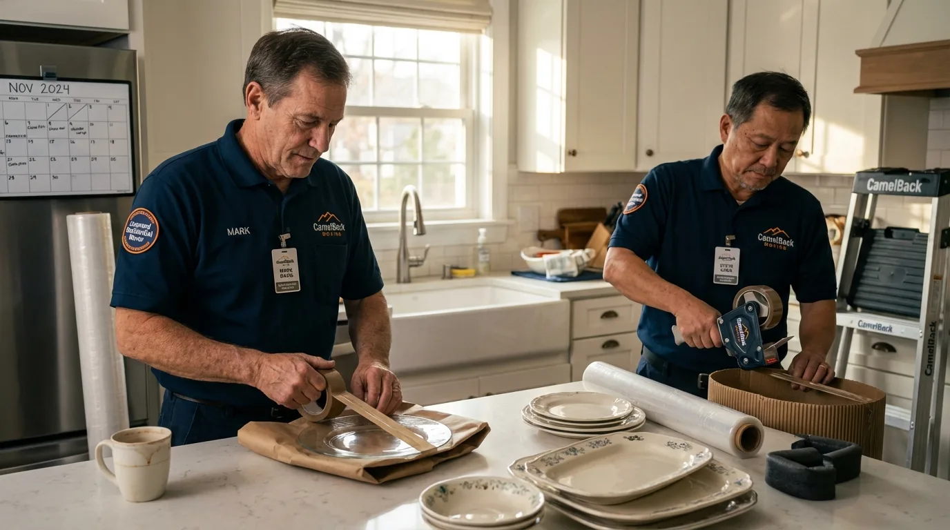 Professional crew packing kitchen dishware in Lovell, ME